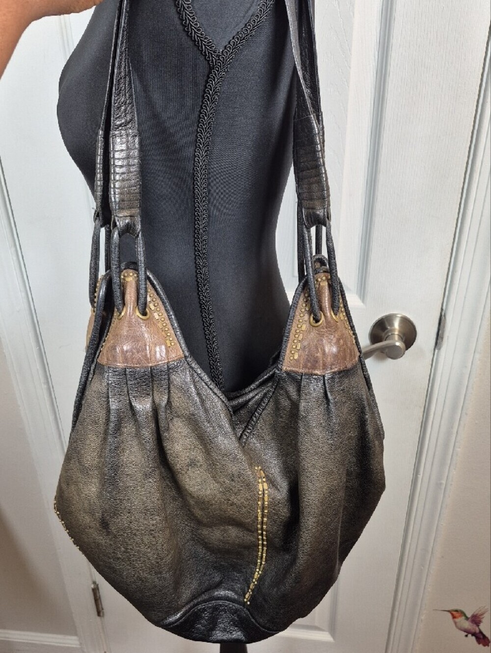 Calleen Cordero Studded Leather Hobo Bag Slouchy Boho Shoulder Purse Black Brown - Picture 2 of 11